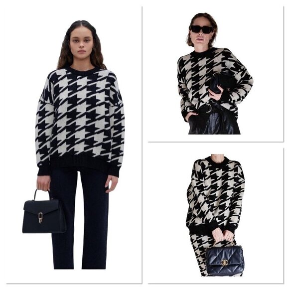 Sandro Houndstooth Sweater Black White Chunky Knit Oversized Women‎ Medium Wool - Picture 1 of 8